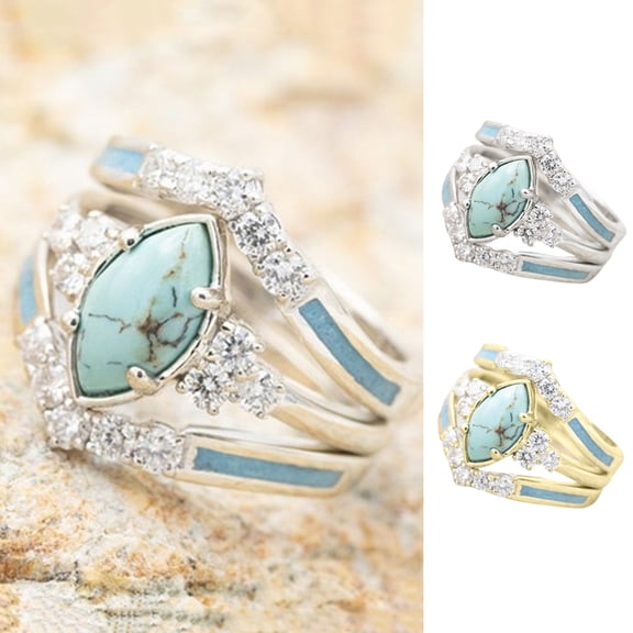 harmtty 3Pcs/Set Women Rings Set Faux Turquoise Stone Exquisite Eye-catching Women Circlet Set for Gift