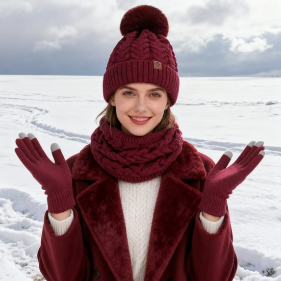 harmtty 3Pcs/Set Women Winter Hat Scarf Gloves Set Twist Texture Plush Ball Decor Brimless Hat Scarf Touchscreen Glove Set