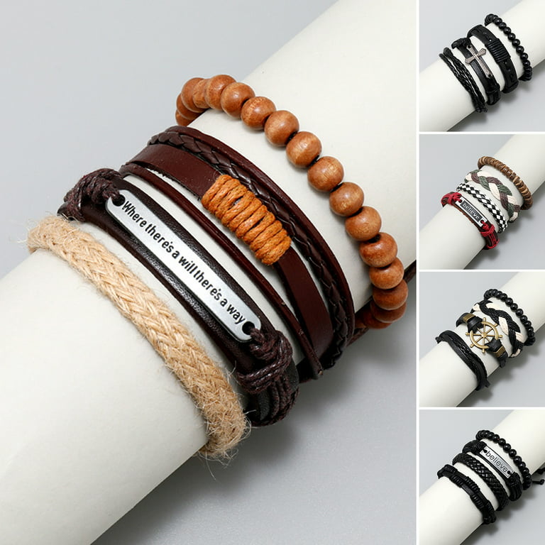 harmtty 4Pcs/Set Beads Elastic Rope Adjustable DIY Braided Bracelets Men  Handmade Woven Faux Leather Bracelets Jewelry Accessories 