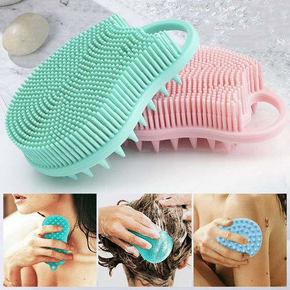 harmtty Bath Brush Double Sided Flexible Soft Bristles Hanging Hole 2-in-1 Handheld Shampoo Brush Exfoliating Silicone Body Scrubber for Men Women,Pink