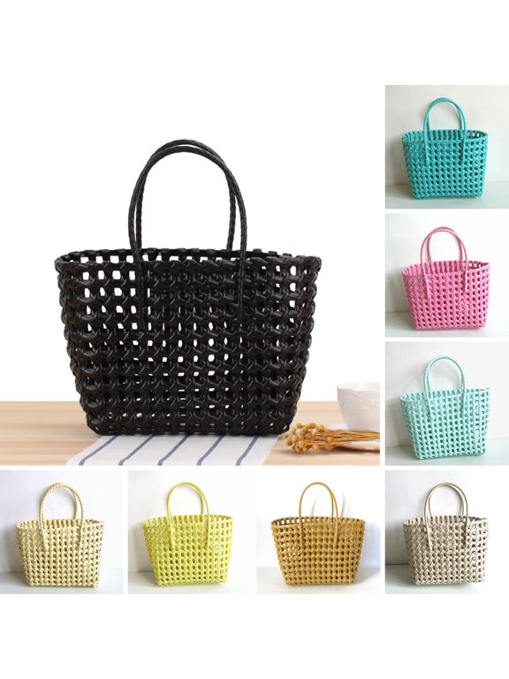 Beach Bag Hollow Square Large Capacity Straw Portable Shopping Basket Storage Supplies,Light Yellow A