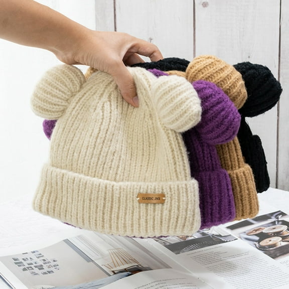 harmtty Beanie Hat Bear Ears Shape Knitted Autumn Winter Windproof Warm Hat for Outdoor