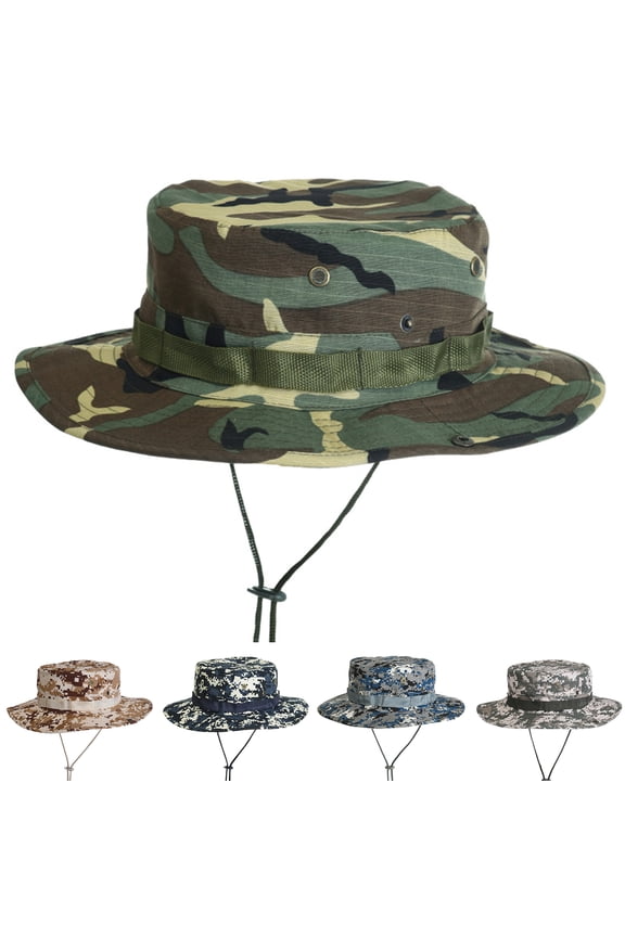 Benny Hat Unisex Flat-top Fasten String Camouflage Print Fisherman Hat Jungle Headwear,Coffee