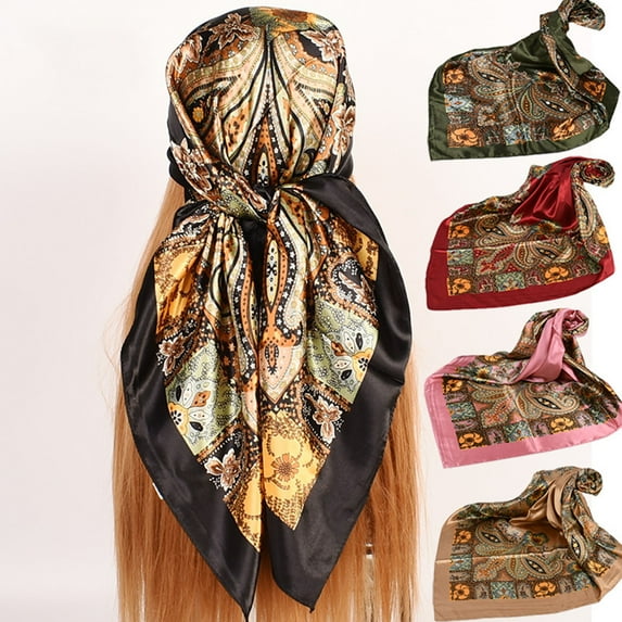 harmtty Big Cashew Flower Print Hair Scarf Sun Imitation Silk Square Smooth Retro Neckerchief Scarf for Outdoor Black