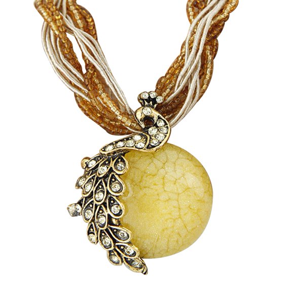 harmtty Bohemian Women Rhinestone Inlaid Peacock Round Faux Opal Pendant Necklace Gift,White