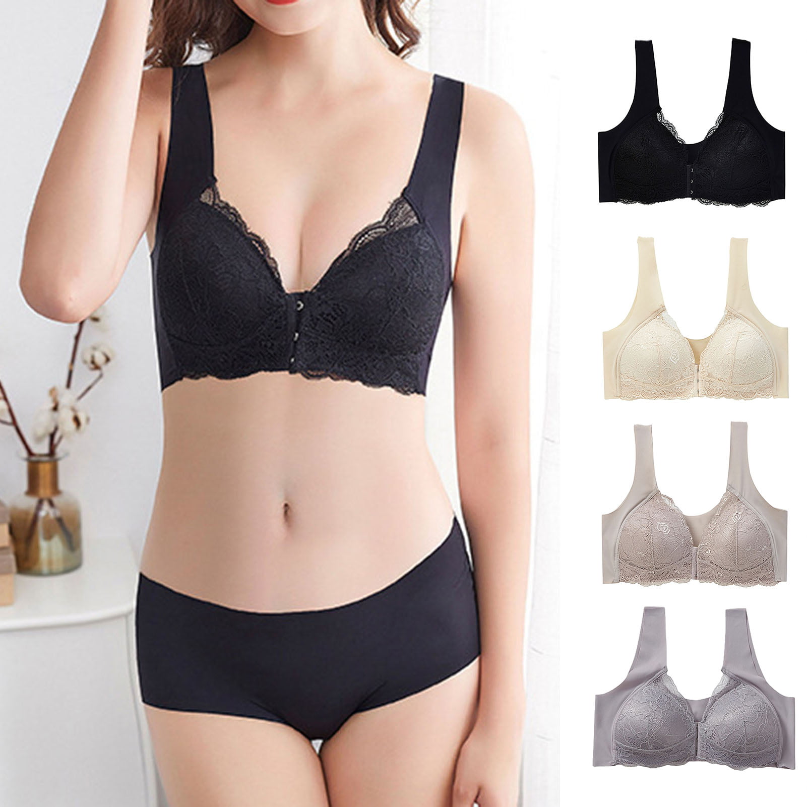 Naierhg Lady Bra Push Up Front Closure Lace Wide Shoulder Strap Support  Breast Seamless Sweat Absorption Plus Size Women Sports Bra Inner Wear  Clothes 
