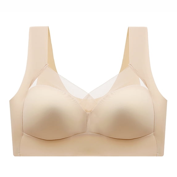 harmtty Breathable Wireless Brassiere Solid Soft Anti-deformation Bouncy V-neck Anti-slip Smoothing Full-coverage Underwear for Yoga,Skin Color,2XL