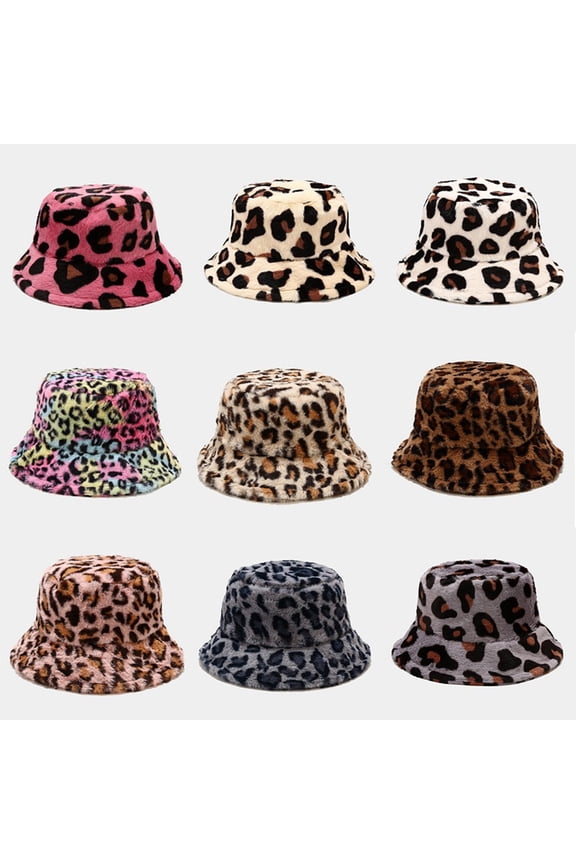 Bucket Hat Leopard Print Foldable Autumn Winter Thickened Plush Windproof Fisherman Cap for Outdoor,9