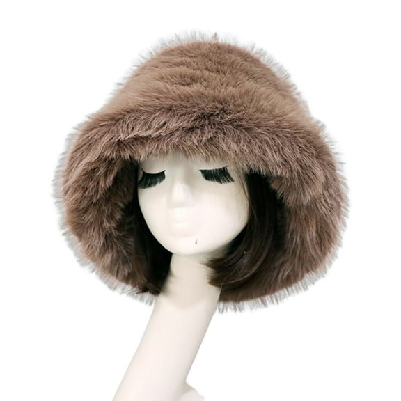 harmtty Bucket Hat Oversized Fluffy Wide Brim Soft Thickened Ear Faux Fur Winter Thermal Women Fisherman Cap for Daily Life Light Brown