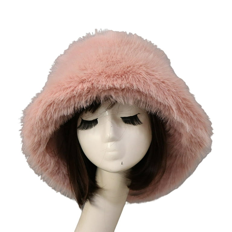 harmtty Bucket Hat Oversized Fluffy Wide Brim Soft Thickened Ear Protection  Faux Fur Winter Thermal Women Fisherman Cap for Daily Life,Pink 