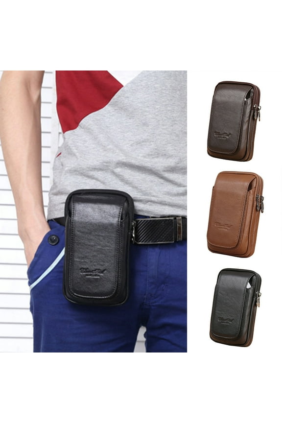 Casual Genuine Leather Zipper Man Belt Hook Multi-Pocket Waist Bag Phone Pouch,Brown
