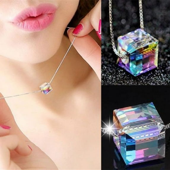 harmtty Charm Jewelry Multicolor Cube Rhinestone Pendant Chain Statement Necklace