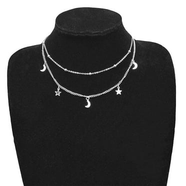 harmtty Chic Moon Star Tassel Charm Double Layer Chain Choker Necklace Women Jewelry,Silver