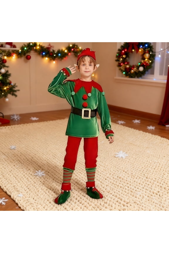 Christmas Elf Costume Set Boys Girls Festive Elf Outfit Kids Classic Red Green Elf Hat Stockings Set Dress-up Attire for Parties Cosplay Performance