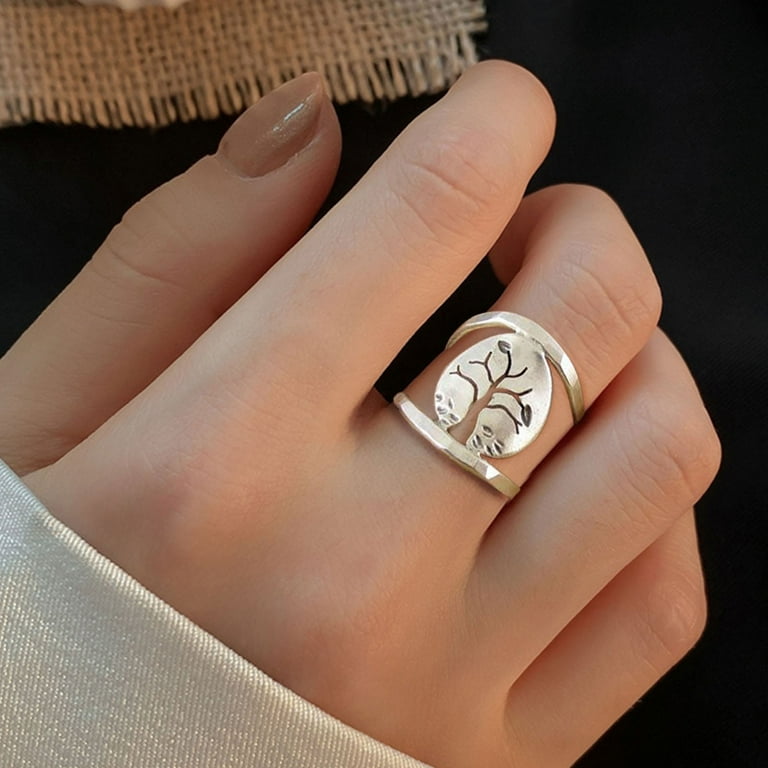 harmtty Classic Carved Alloy Hollow Vintage Ring Bird Tree Pattern