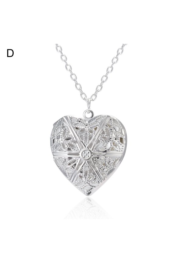 Couple Necklace Carved Design Metal Chain Gift Heart-shaped Photo Frame Pendant Necklace,D