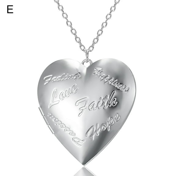 harmtty Couple Necklace Carved Design Metal Chain Gift Heart-shaped Photo Frame Pendant Necklace,E