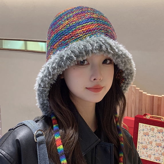 harmtty Cozy Winter Plush Hat Rainbow Design Warm Windproof Perfect Fit Thickened Knitted Hat for Women Accessories Khaki