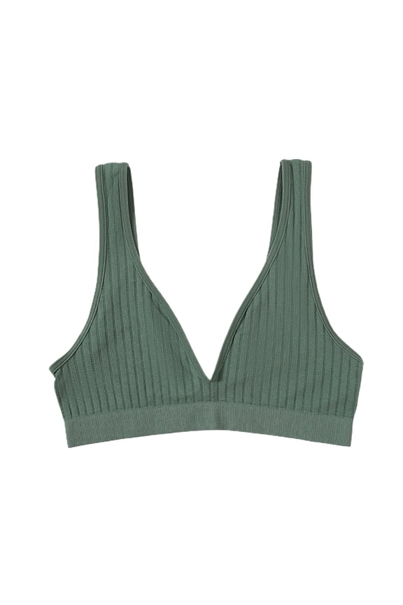 Deep V-neck Wide Shoulder Straps Ribbed Women Bra Seamless Push Up Gym Underwear Female Clothing,Green,L