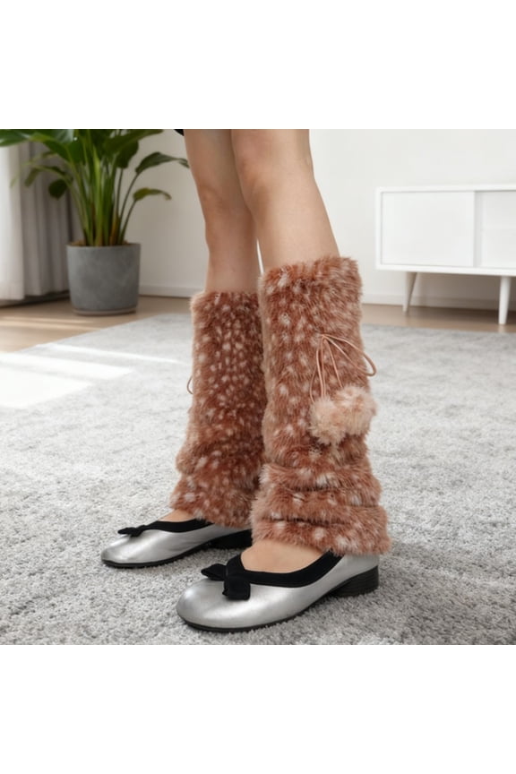 Deer Print Leg Warmers Women Faux Fur Fuzzy Calf Warmers with Pompoms Fluffy Boot Cuffs Cover for Sneakers Girls Winter Street Wear