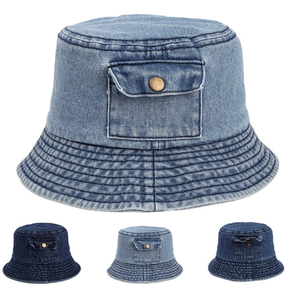 harmtty Denim Sun Hat Flat Top Lightweight Pocket Decor Bucket Hat for Daily Life,Light Blue