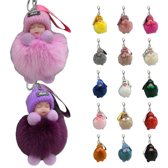 harmtty Doll Keychains Fluffy Sleeping Baby Multi-colored Knitted Hat Wear Baby Key Ring for Women,16