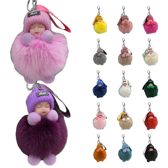 harmtty Doll Keychains Fluffy Sleeping Baby Multi-colored Knitted Hat Wear Baby Key Ring for Women,5