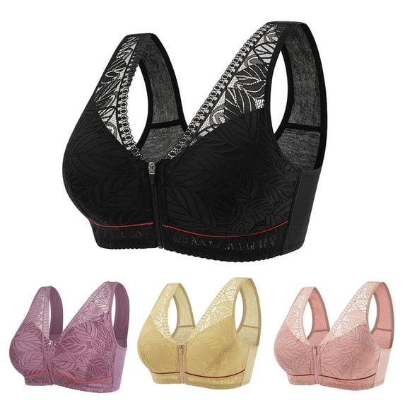 harmtty Elderly Women Bra Lace Wide Shoulder Straps Front Zipper Wire Free Plus Size Lady Bras Daily Wear Clothes,Light Pink,L
