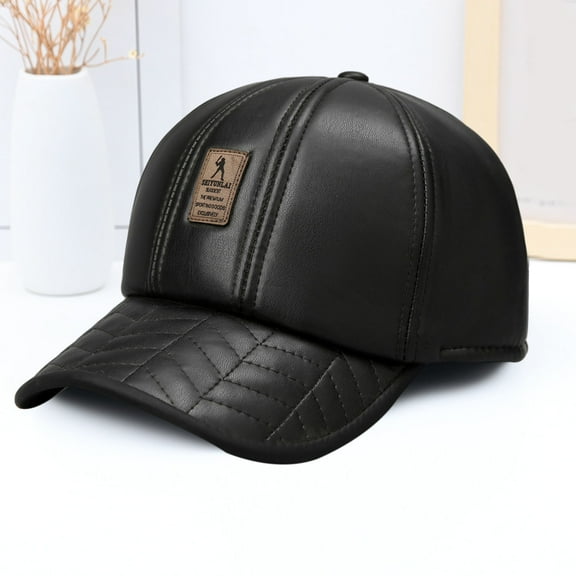 harmtty Fall Winter Peaked Hat Faux Leather Windproof Thickened Plush Solid Color Dome Soft Warm Long Brim Anti-slip Mid-aged Men Baseball Cap Black
