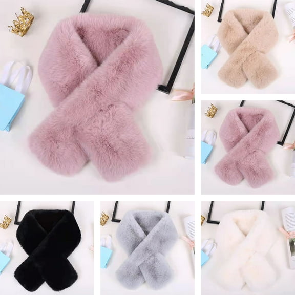 harmtty Fashion Cross Scarf Faux Rabbit Fur Thickened Soft Cozy Plush Cold Resistant Solid Color Autumn Winter Women Neck Warmer Collar Scarf for Daily Life White
