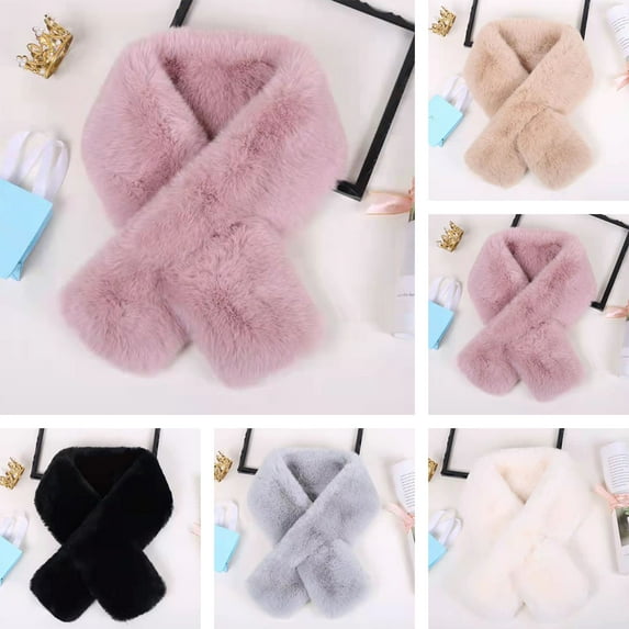 harmtty Fashion Cross Scarf Faux Rabbit Fur Thickened Soft Cozy Plush Cold Resistant Solid Color Autumn Winter Women Neck Warmer Collar Scarf for Daily Life Pink
