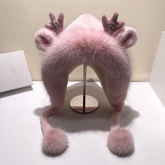 harmtty Fashion Cute Furry Trim Antler Ears Decor Women Winter Hat Thickened Plush Warm Ear Woolen Hat Fashion Accessories Milky White