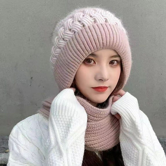 harmtty Fashion Ladies Winter Hat Knitted Thick Color Block Windproof Warm Soft Ear Protection Plush Ball Decor Elastic Anti-slip Beanie Scarf Combo Women Cap Khaki