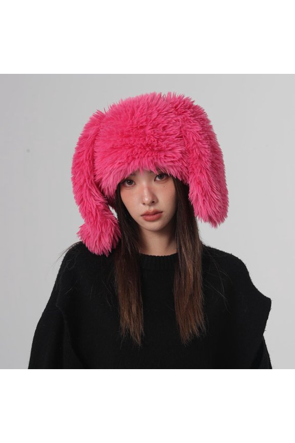 Fashion Ladies Winter Hat Long Rabbit Ear Hat Fluffy Cozy Thick Plush Warm Windproof Ear Pure Color Lightweight Unisex Party Cosplay Cap Black