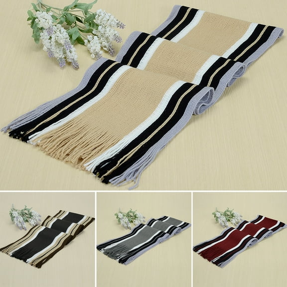 harmtty Fashion Tassel Woolen Yarn Thick Men Scarf Winter Striped Contrast Color Warm Knitting Scarf Costume Accessories Black