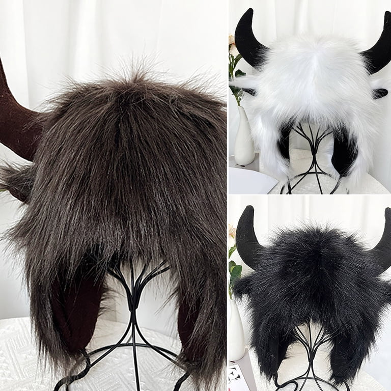 Faux Fur Trapper Hat with Animal Horns Ears Unisex Winter Costume Hat Buffalo Hat With Horns Faux Fur Cowhorn Hat - Winter Trapper  main image 2