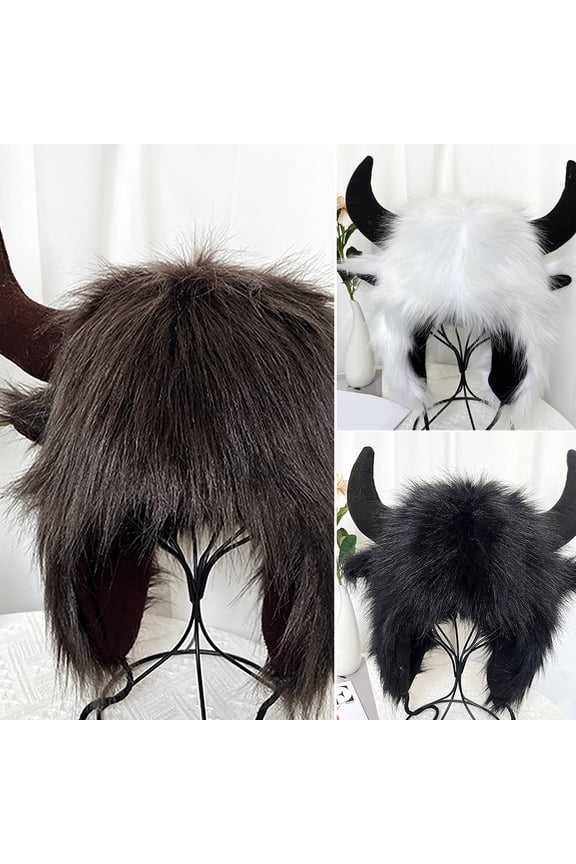 Fashion Winter Funny Hat Fake Cow Horn Decor Thunderbolt Thick Warm Faux Fur Ear Protection Personality Unisex Windproof Fluffy Photo Prop Women Men Cap Coffee