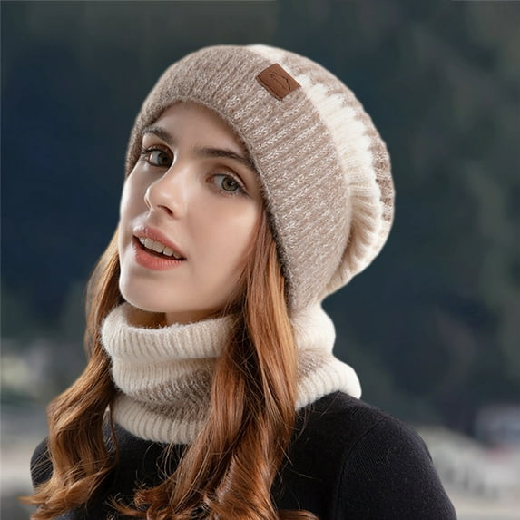 harmtty Fashion Women Autumn Winter Hat Scarf Set Windproof Cold Prevention Soft Thick Fleece Lined Scarf Beanie Hat Beige