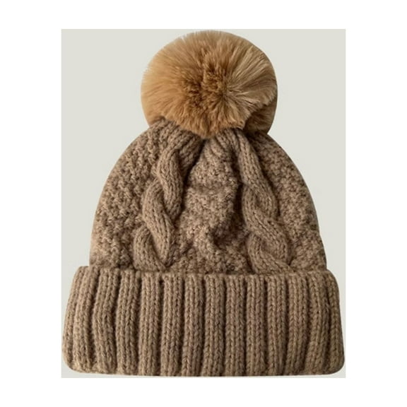 harmtty Fashion Women Fall Winter Hat Thickened Knitted Soft Elastic Warm Anti slip Ear Plush Ball Decor Twisted Pattern Outdoor Beanie Cap White