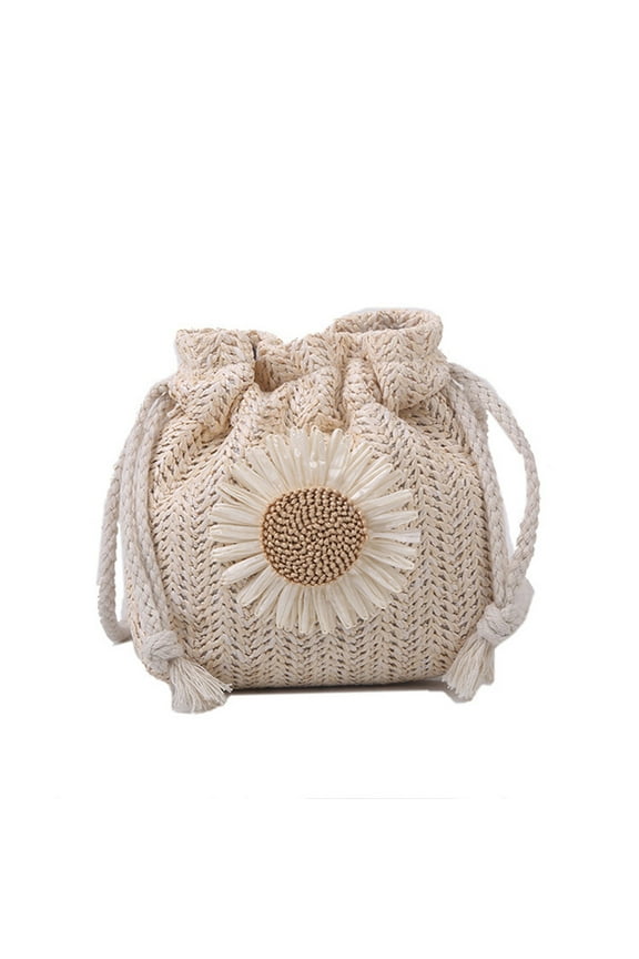 Fashion Women Knitting Sunflower Straw Shoulder Bag Drawstring Bucket Pouch,White