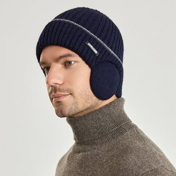 harmtty Fashion Women Men Winter Beanie Hat Solid Color Unisex Knit Wool Hat Thickened Ribbed Fleece Lined Hat with Earflaps Navy Blue