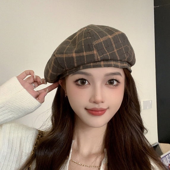 harmtty Fashion Women Winter Beret Plaid Print Contrast Color Elastic Adjustable Soft Warm Decorative Dome Lady Cap Painter Hat Navy Blue