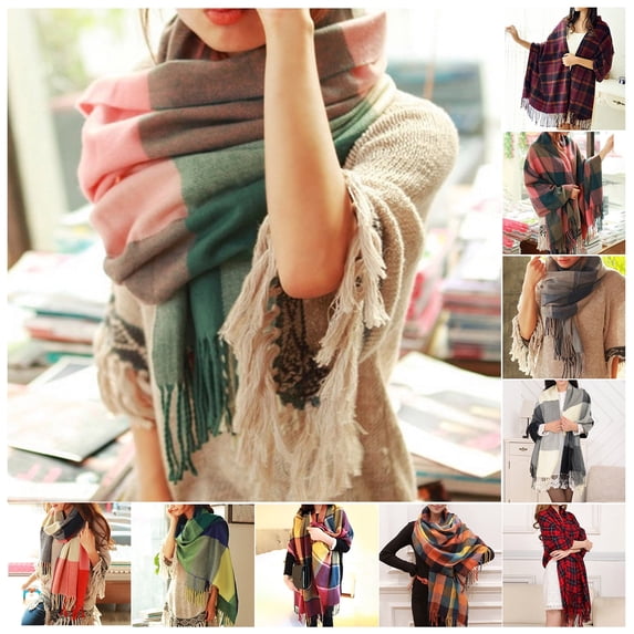 harmtty Fashion Women Winter Colorful Plaid Print Scarf Tassel Trim Imitation Thick Shawl Elegant Large Long Warm Scarf Fashion Accessories Dark Green