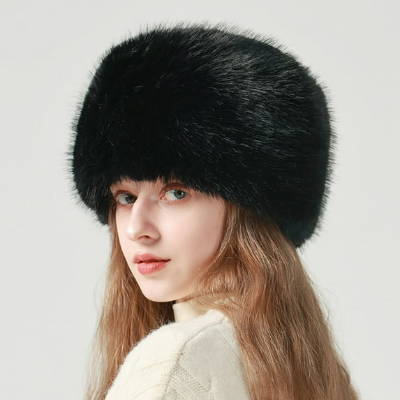 harmtty Fashion Women Winter Hat Faux Fur Soft Thick Elastic Anti slip Warm Windproof No Brim Solid Color Ear Basin Hat Outdoor Hunting Cap White