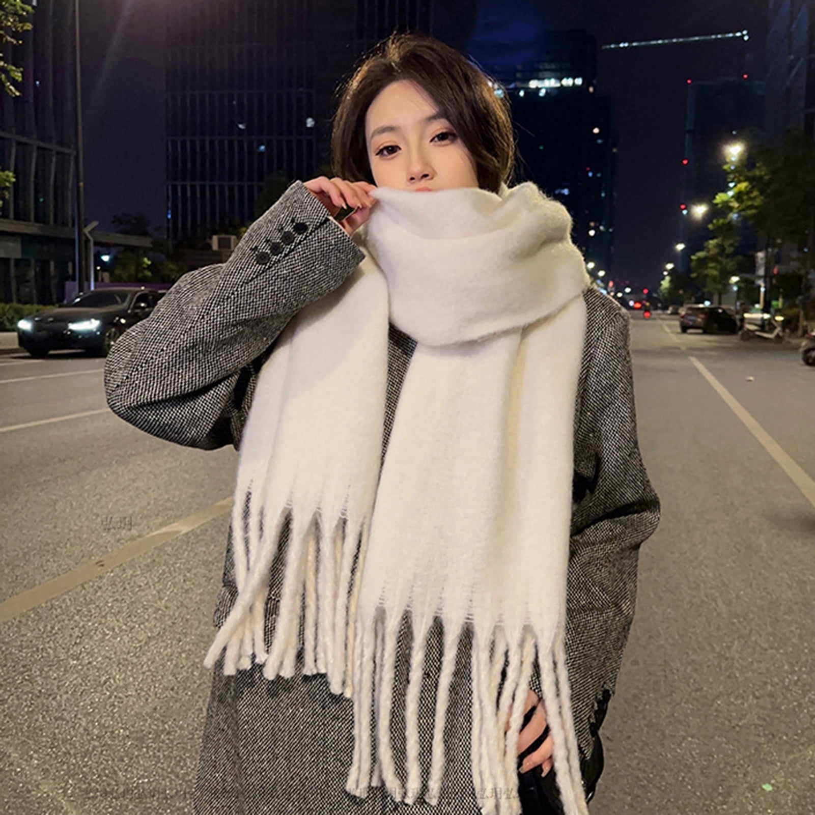 harmtty Fashion Women Winter Solid Color Scarf Tassel Trim