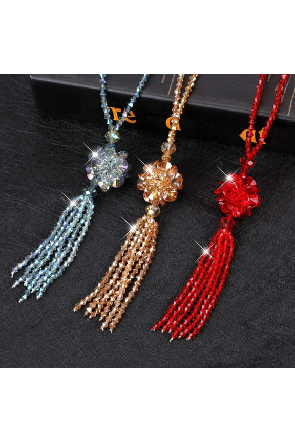 Faux Crystal Necklace Knotted Beaded Long Tassel Shiny All Match Good Gloss Women Long Pendant Sweater Necklace Jewelry Gift,Red