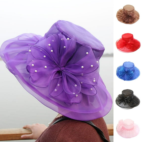 harmtty Faux Pearls Flower Decor Organza Bucket Hat Thin Elegant Sun Cap Fashion Accessories,Pink