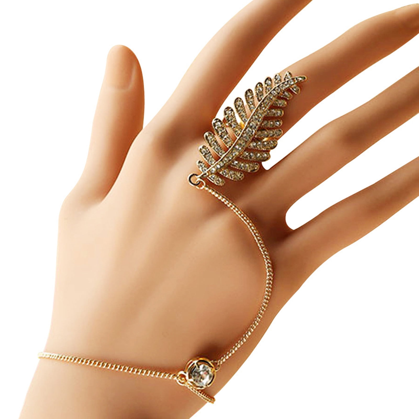 harmtty Feather Shape Rhinestone Wrist Chain Women Shiny Adjustable Finger Ring Bracelet Fashion Jewelry