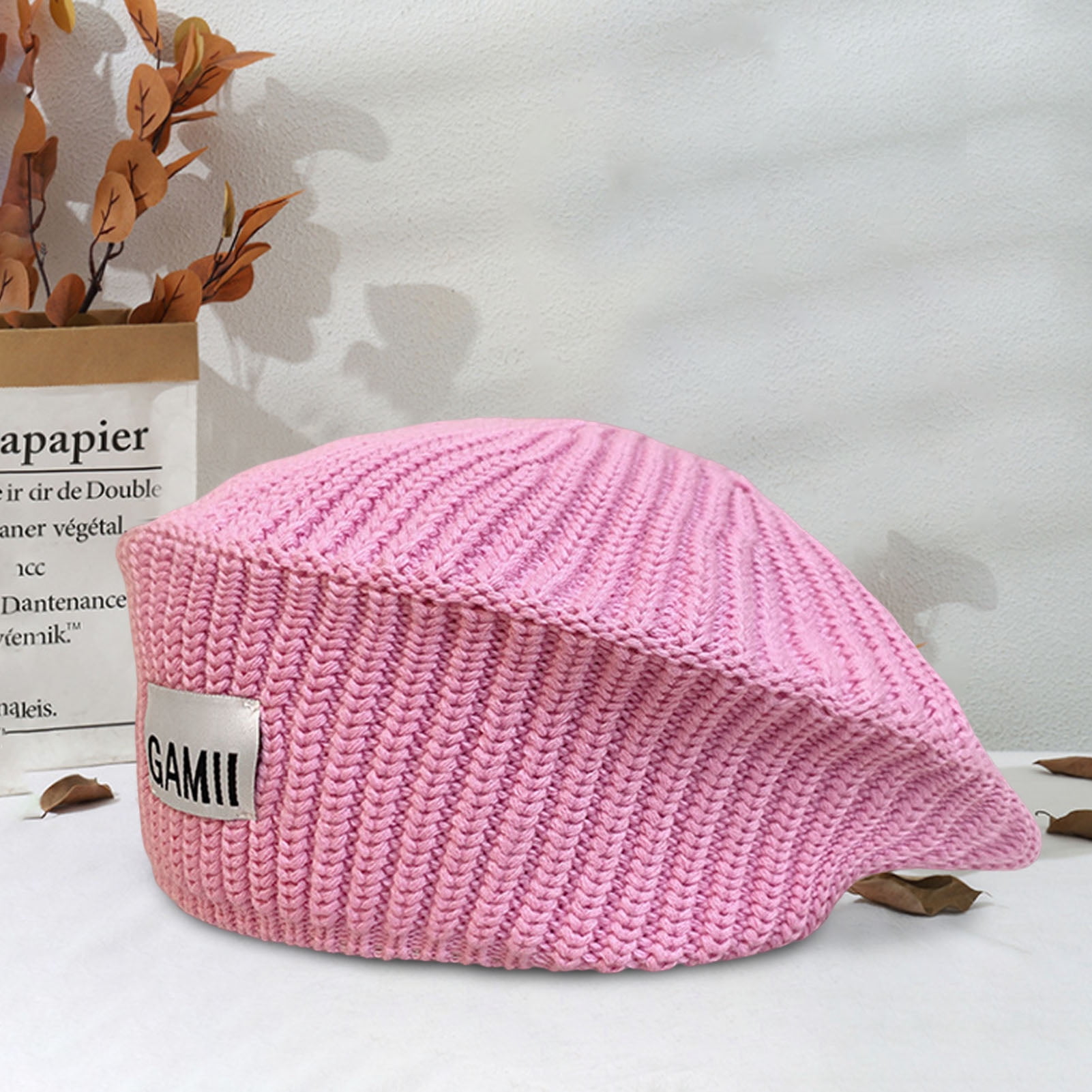 harmtty Female Winter Beanie Stripe Texture Knitting Solid Color No Brim Elastic Decorative