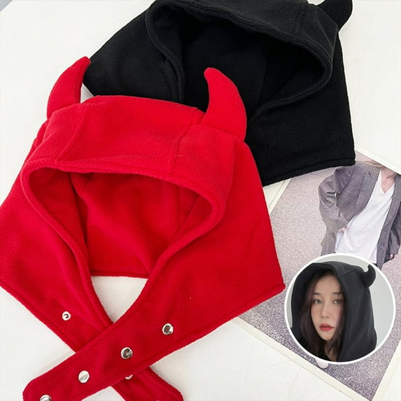 harmtty Female Winter Hat Devil Ear Decor Adjustable Solid Color Plush Soft Keep Warm Casual Button Women Beanie Hat Female Headdress Red